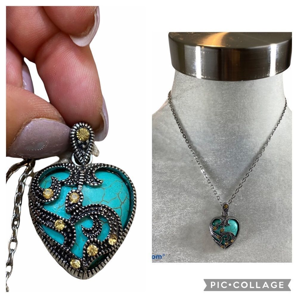 Glitzy Rocks Turquoise & Marcasite Heart Necklace